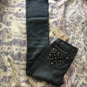 New L.A. Idol Blue Denim Jeans Black Sequin Rhinestone Bling Stretch Junior SZ 5